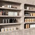 Modern Wall Cabinets With Open Storage Shelves Holding Jars And Bottles