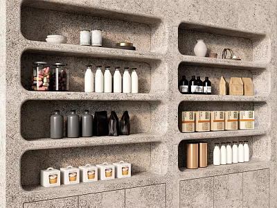 Modern Wall Cabinets With Open Storage Shelves Holding Jars And Bottles 3d model