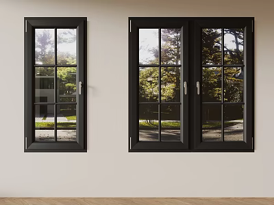 Modern Black Framed Windows With Clear Glass Showing Green Trees Outside 3d model