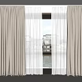 Beige Curtains With Sheer Layers In Room Featuring Floor Lamp And Water View