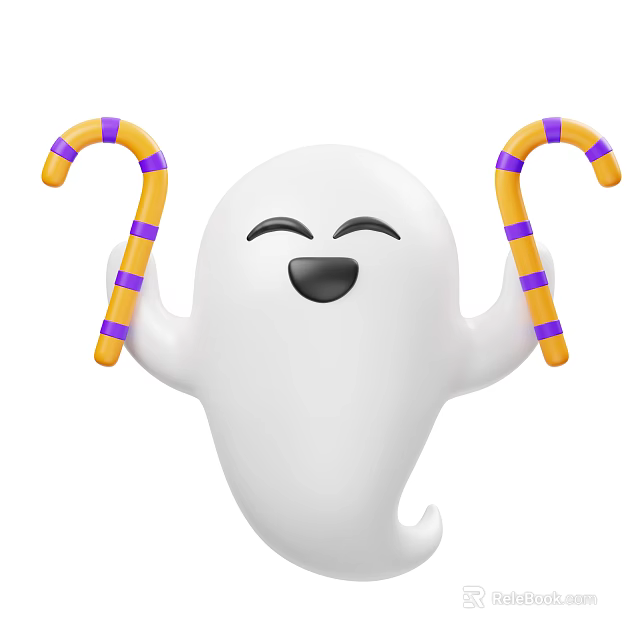 Halloween Decorative Ornament Set With White Ghost Holding Orange Purple Striped Candy Canes 3d model 