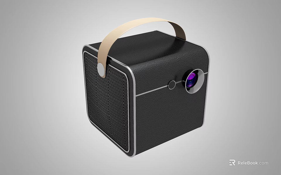 Portable Black Cube Shaped Projection Monitoring Device With Beige Handle And Front Lens 3d model 