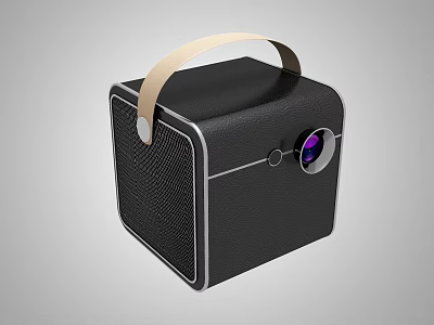 Portable Black Cube Shaped Projection Monitoring Device With Beige Handle And Front Lens 3d model