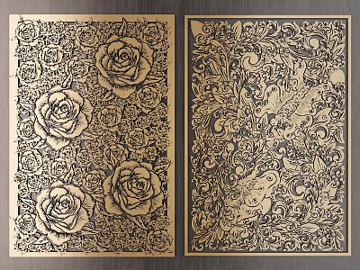 Intricate Carving Designs Featuring Roses Birds And Decorative Patterns On Wooden Background 3d model