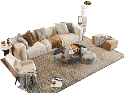 Modern Beige Sofa With Colorful Pillows Round Coffee Table Ottoman And Magazines On Area Rug 3d model