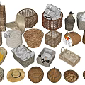 Handmade Woven Baskets and Storage Containers with Towels Corn Nuts and Decorative Items