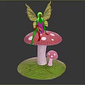 Fairy Sitting On Red Mushroom With White Spots And Small Mushroom On Green Grass Base