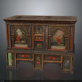 Traditional Antique Style Painted Wooden Cabinet With Decorative Panels And Colorful Carved Motifs