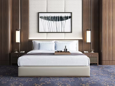 Modern Background Double Bed with Wooden Walls Black and White Abstract Painting and Bedside Tables 3d model