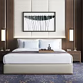 Modern Background Double Bed with Wooden Walls Black and White Abstract Painting and Bedside Tables