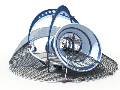 Blue And White Playground Equipment With Net Climbing Structure And Tubular Slide Tunnel 3d model