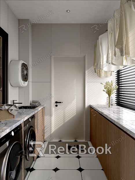 Laundry Room Balcony Washing Machine Countertop Console Hanger Clothes Marble Tile Wood Grain Ornaments Housekeeping Room Living Balcony Clothes Drying Area model