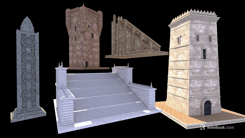 Ancient Stone Architectural Structures Featuring Tower Wall Section And Steps 3d model