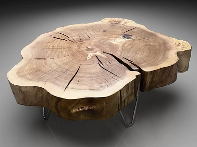 Natural Wooden Stump Coffee Table With Growth Rings And Metal Legs 3d model