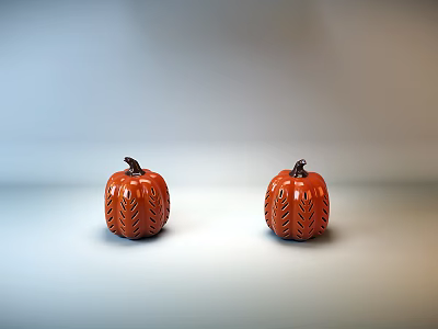 Two Orange Pumpkin Shaped Decorative Items With Textured Surface And Black Stems 3d model