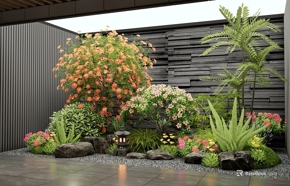 Lush Indoor Landscape With Various Plants Decorative Stones And Traditional Lantern 3d model 