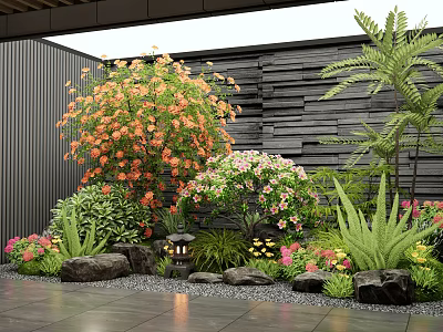 Lush Indoor Landscape With Various Plants Decorative Stones And Traditional Lantern 3d model