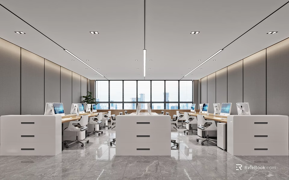 Modern Public Office Space with Desks Computers Office Chairs Large Windows And Spacious Marble Flooring 3d model 