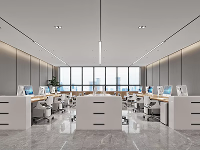 Modern Public Office Space with Desks Computers Office Chairs Large Windows And Spacious Marble Flooring 3d model