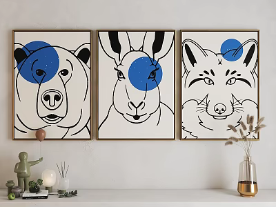 Golden Framed Minimalist Animal Paintings Bear Kangaroo Raccoon Line Art Blue Circles On White Wall 3d model