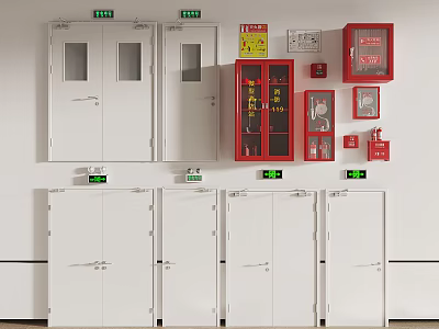 Fire Safety Equipment With White Cabinets And Red Emergency Tools On Wall 3d model