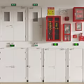 Fire Safety Equipment With White Cabinets And Red Emergency Tools On Wall