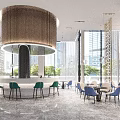 Modern Bar Featuring Green Blue Chairs Circular Wooden Light And City View Through Large Windows