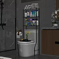 Modern Bathroom Toilet With Metal Shelf Storage Bathroom Supplies And Potted Plant Decor