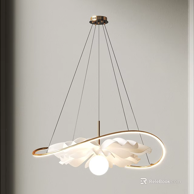 Elegant Hanging Chandelier With White Petal Design And Golden Ring Frame 3d model 