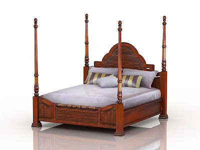 Classic Wooden Four Poster Double Bed Frame With Arched Headboard And Pillows 3d model