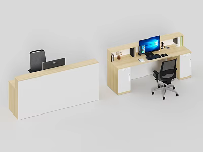 Modern Light Wood Reception Desk With White Countertop Computer Monitor And Matching Workstation 3d model