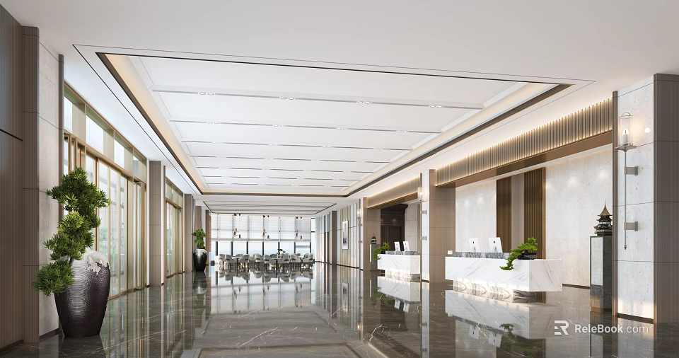 Modern Spacious Hotel Lobby Interior Design With Marble Floor Reception Desk And Green Plants 3d model 