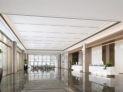 Modern Spacious Hotel Lobby Interior Design With Marble Floor Reception Desk And Green Plants 3d model