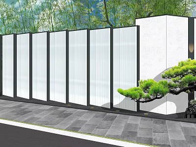 Modern Building Exterior Wall With White Slatted Panels Black Frames And Green Plants 3d model