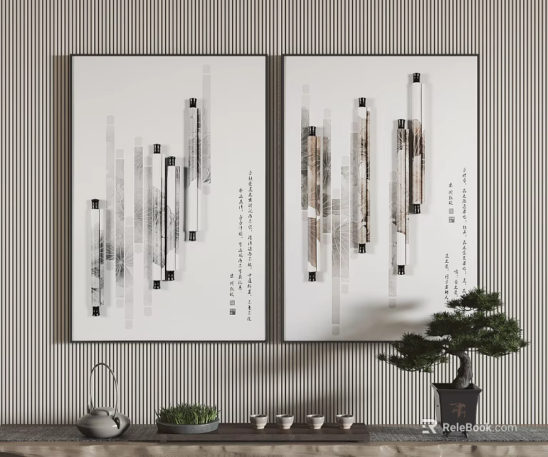 Modern Abstract Wall Art Decor With Vertical Striped Background Bonsai And Tea Set 3d model 