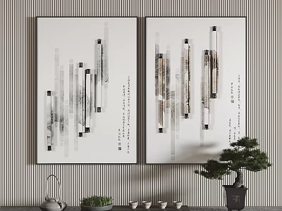 Modern Abstract Wall Art Decor With Vertical Striped Background Bonsai And Tea Set 3d model
