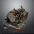 Iridescent Mythical Toad Statue With Dragon Horns Scales Coin Motifs And Stone Base