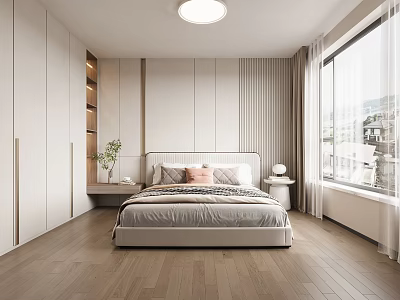 Modern Minimalist Bedroom Interior With Bed Pillows Wooden Flooring Striped Walls And Large Window 3d model
