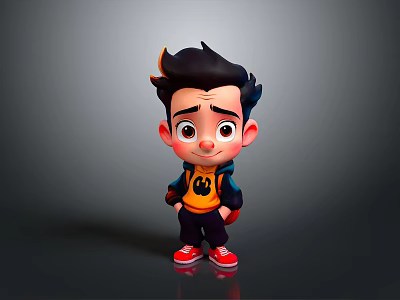 Cartoon Boy With Black Hair Yellow Shirt Blue Jacket Red Shoes And Gray Background 3d model