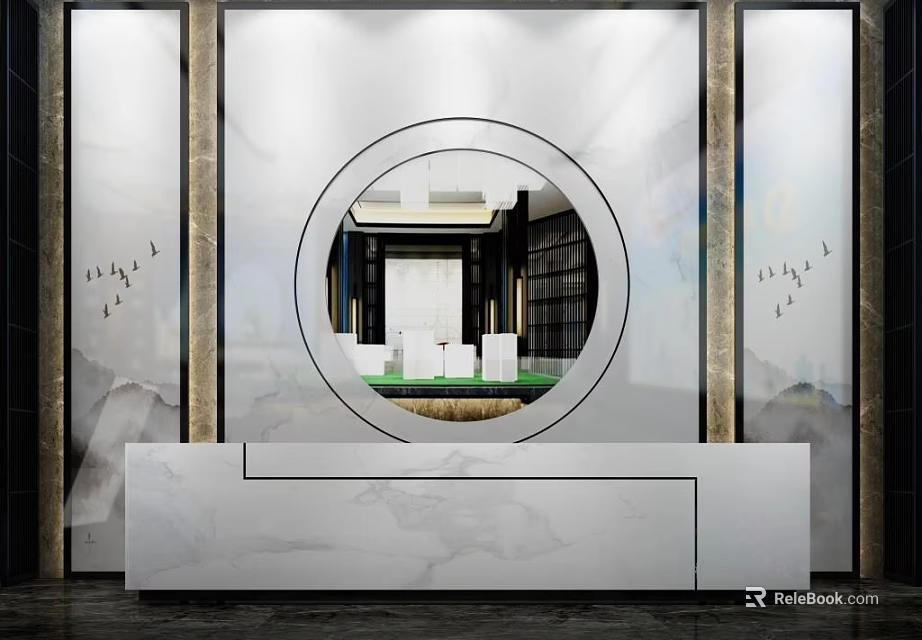 Sophisticated Reception Desk With Marble Countertop Circular Mirror And Luxe Wall Art 3d model 