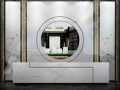 Sophisticated Reception Desk With Marble Countertop Circular Mirror And Luxe Wall Art 3d model