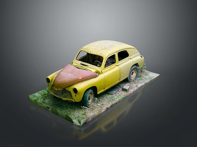 Weathered Yellow Car Model with Rust and Damaged Parts on Green Base 3d model