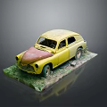 Weathered Yellow Car Model with Rust and Damaged Parts on Green Base