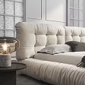 Modern Upholstered Double Bed With Cream Tufted Headboard And Nightstand Lamp