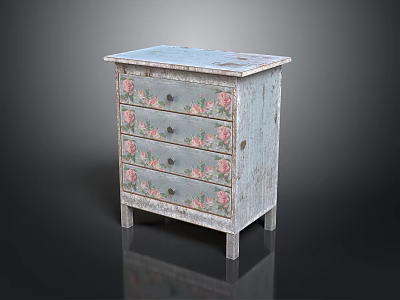 Vintage Distressed Wooden Chest of Drawers With Pink Floral Patterns And Light Blue Finish 3d model