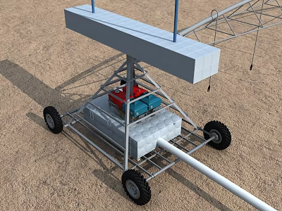 Mobile Agricultural Equipment Featuring Metal Frame Red Blue Components Large Wheels And Long Pipe 3d model
