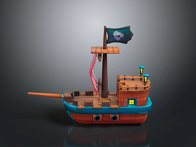 Cute Pirate Ship Model With Skull Flag Brown Blue Hull And Cabin Lanterns 3d model