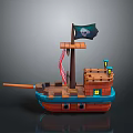Cute Pirate Ship Model With Skull Flag Brown Blue Hull And Cabin Lanterns