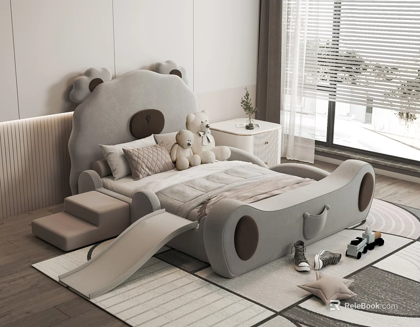 Kids Room Interior With Bear Shaped Bed Slide Steps And Stuffed Toys On Soft Rug 3d model 