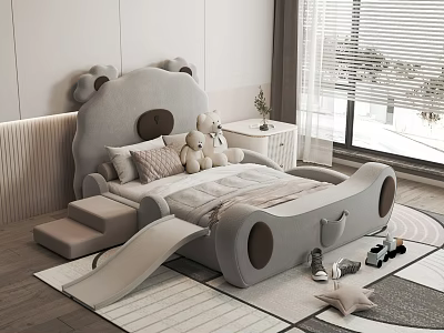 Kids Room Interior With Bear Shaped Bed Slide Steps And Stuffed Toys On Soft Rug 3d model